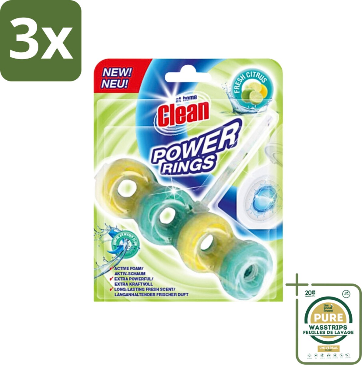 3 x At Home - Clean - Toiletblok - Power Rings - Fresh Citrus - Extra Sterk - 1 Blok - Grootverpakking - Toiletblok - Toilet Reinigen - Citrusgeur - Power Rings - Extra Sterke Reiniging