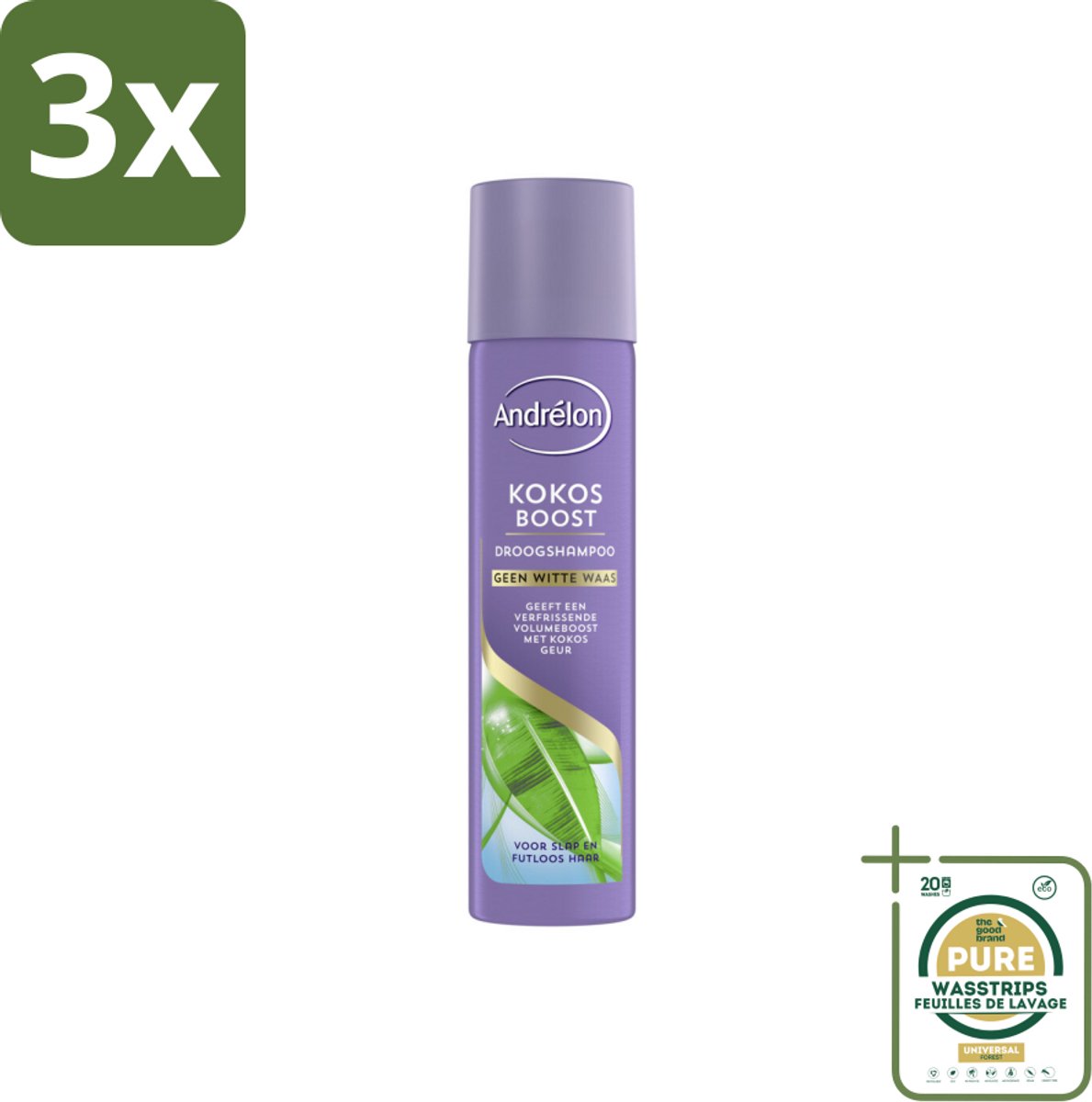 3 x Andrélon Droogshampoo Kokos Boost 245 ml - Grootverpakking - Droogshampoo - Kokos Boost - Volume Haar - Fris Haar - Vet Absorberend