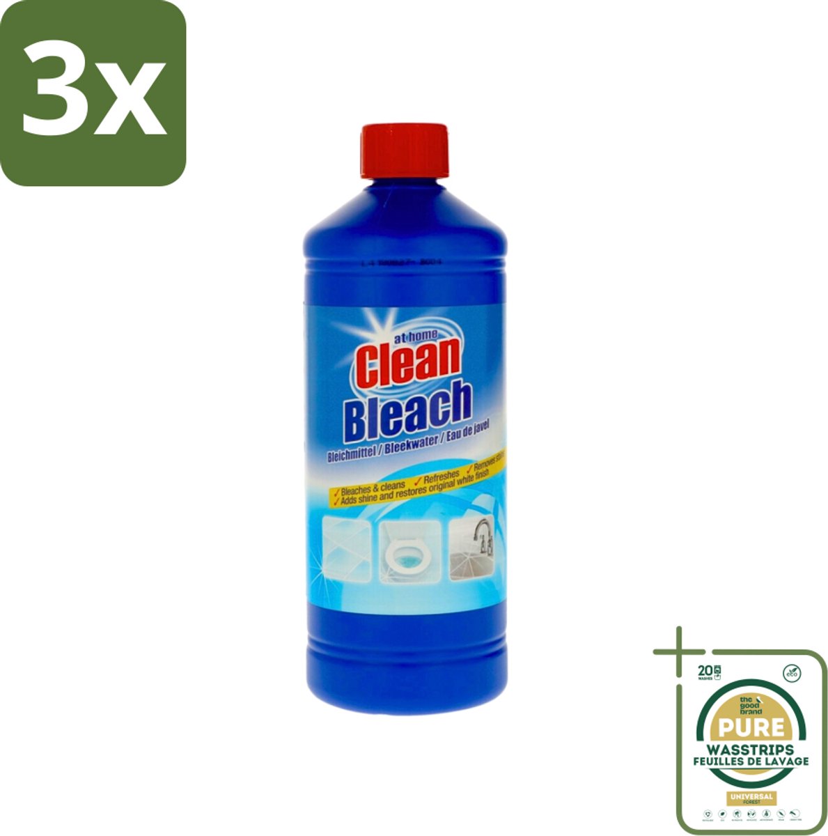 3 x At Home - Clean - Bleekmiddel - Hersteld Oorspronkelijke Wit - 1 L - Grootverpakking - Bleekmiddel - Reinigen - Vlekken Verwijderen - Oorspronkelijke Witheid - Glans Herstellen