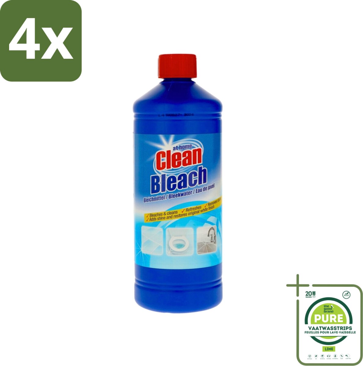 At Home - Clean - Bleekmiddel - Hersteld Oorspronkelijke Wit - 1 L - Voordeelverpakking - 4 stuks - Bleken - Reinigen