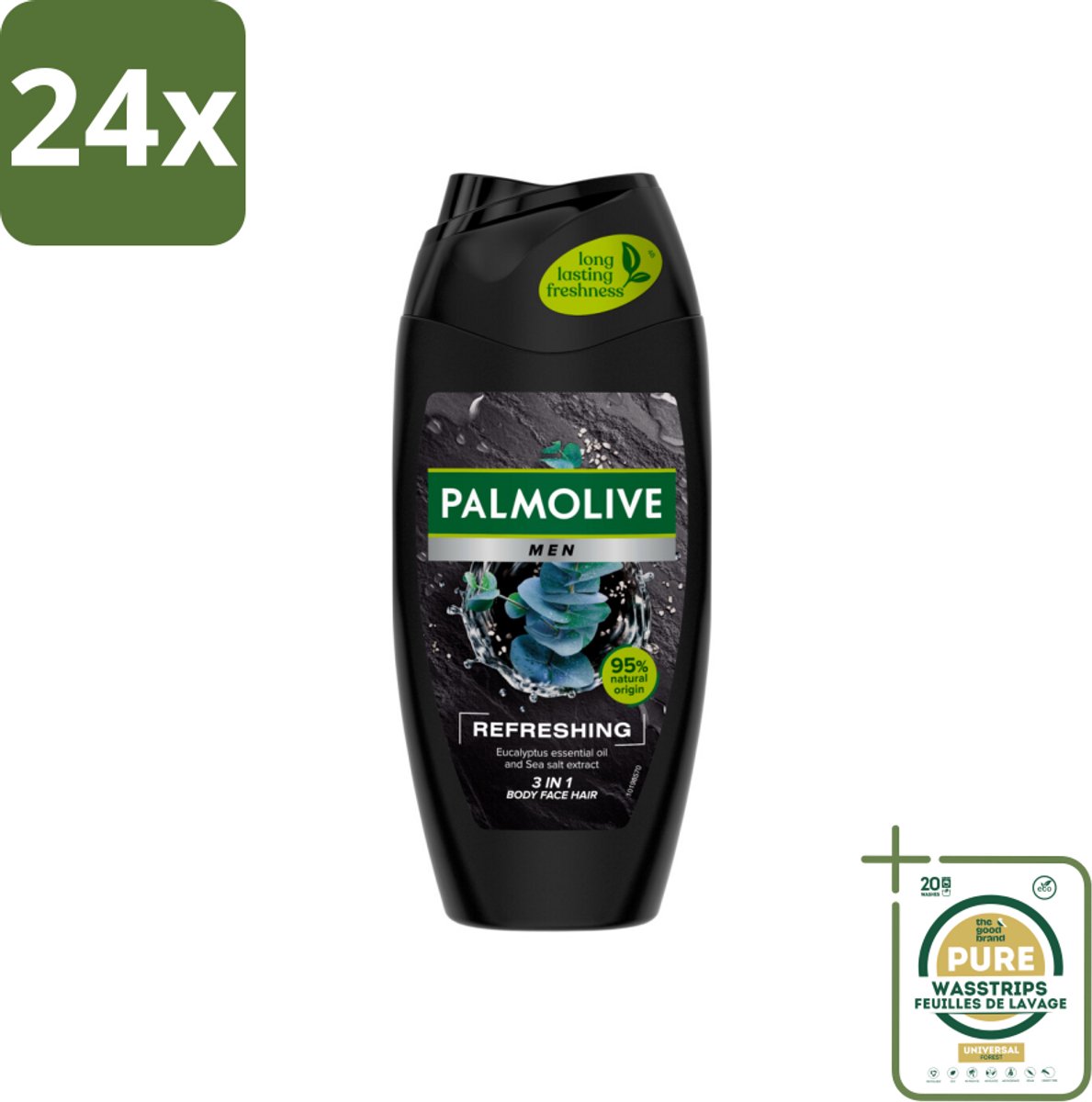 Palmolive Men 3-in-1 Body Face Hair Refreshing Etherische Eucalyptusolie Zeezoutextract 250 ml - Voordeelverpakking - 24 stuks - Fris en verzorgend - Citrus en eucalyptus