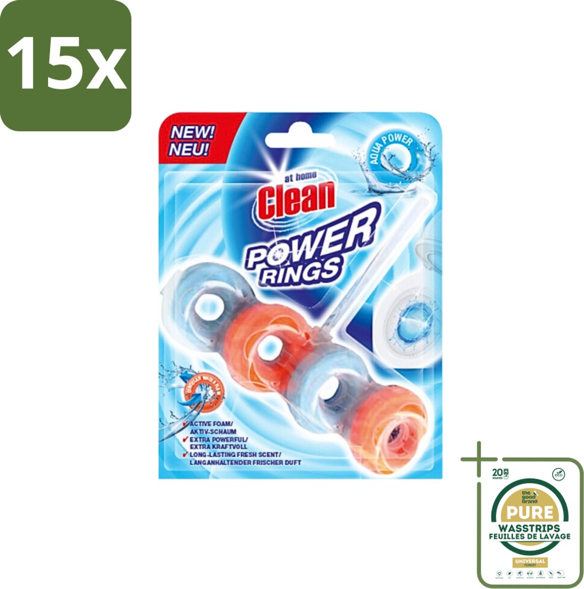15 x At Home - Clean - Toiletblok - Power Rings - Aqua Power - Extra Sterk - 1 Blok - Grootverpakking - Toiletblok - Reiniging - Frisheid - Toilet Reinigen - Aqua Geur
