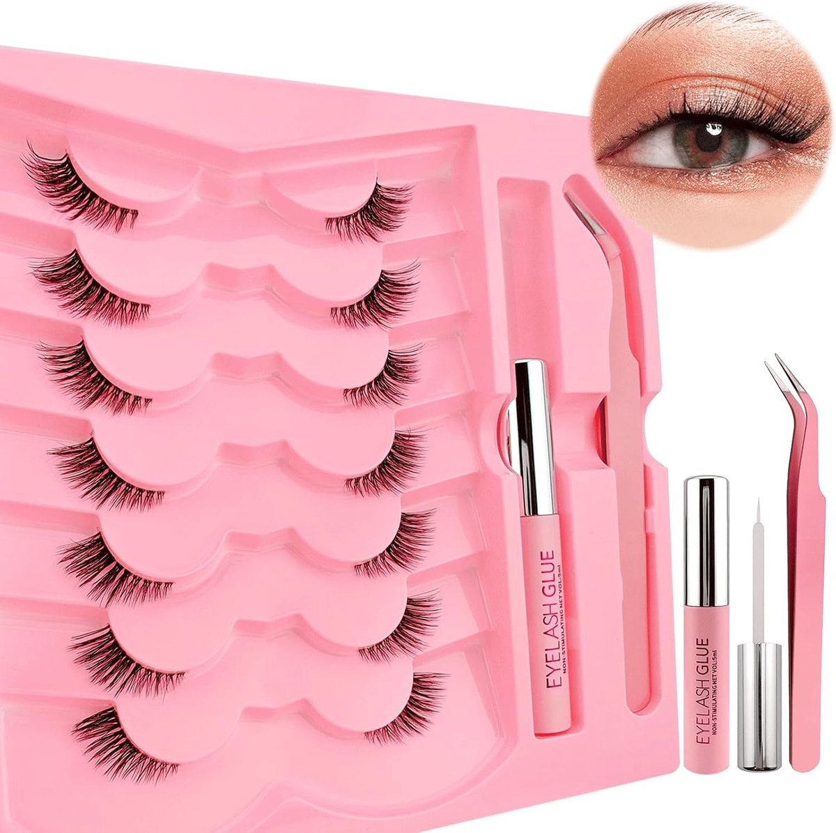 7 Paar Duidelijke Wimpers, Kat-Oog Stijl, Inclusief Lijm en Pincet, 12mm Korte Kunstwimpers voor een Natuurlijke Look, 3D Effect en Hoekige Wimpers Set