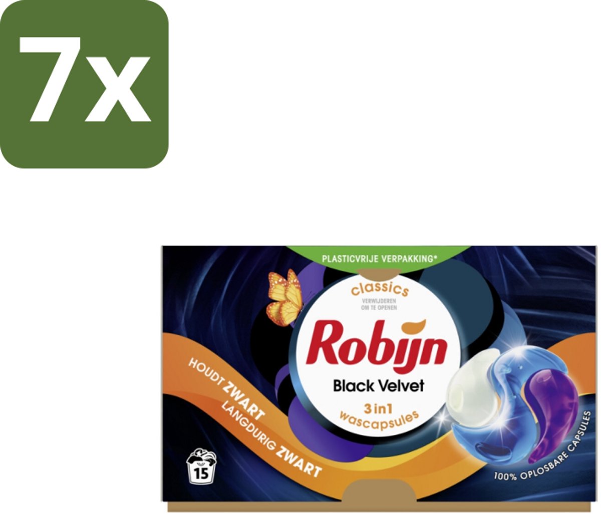 7 x Robijn Wascapsules 3-in1 Black Velvet 15 stuks per verpakking - Zwarte Was - Zwart Kleding - Kleurbehoud - Wascapsules - Black Serum
