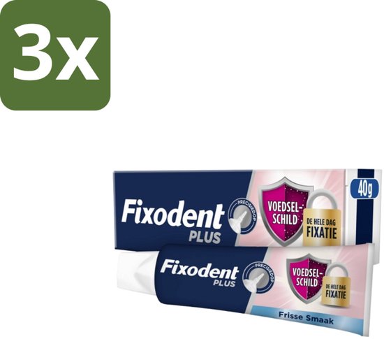 Drie tubes Fixodent Plus, elk 40 gram. Een tube met roze en witte accenten, de andere met blauwe en witte accenten. Beide met 'Voedsel-schild' en 'De hele dag fixatie'.