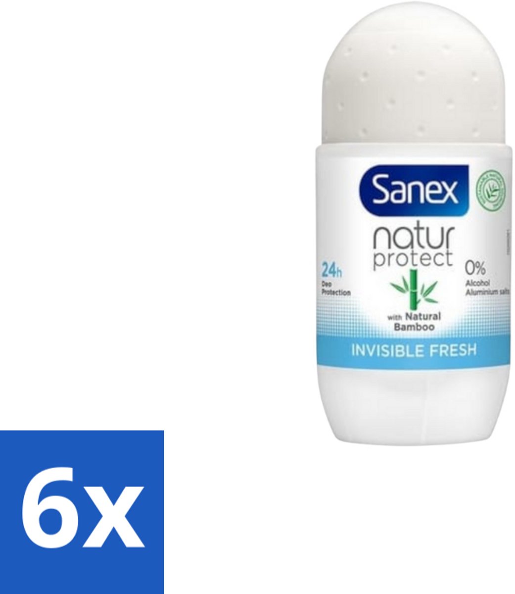 6 x Sanex – Deo Roll-on – Bamboo Invisible Fresh – 50 ml - Deodorant Roll-on - Bamboe - Natuurlijke Frisheid - Kledingbescherming - Witte Vlekken Voorkomen