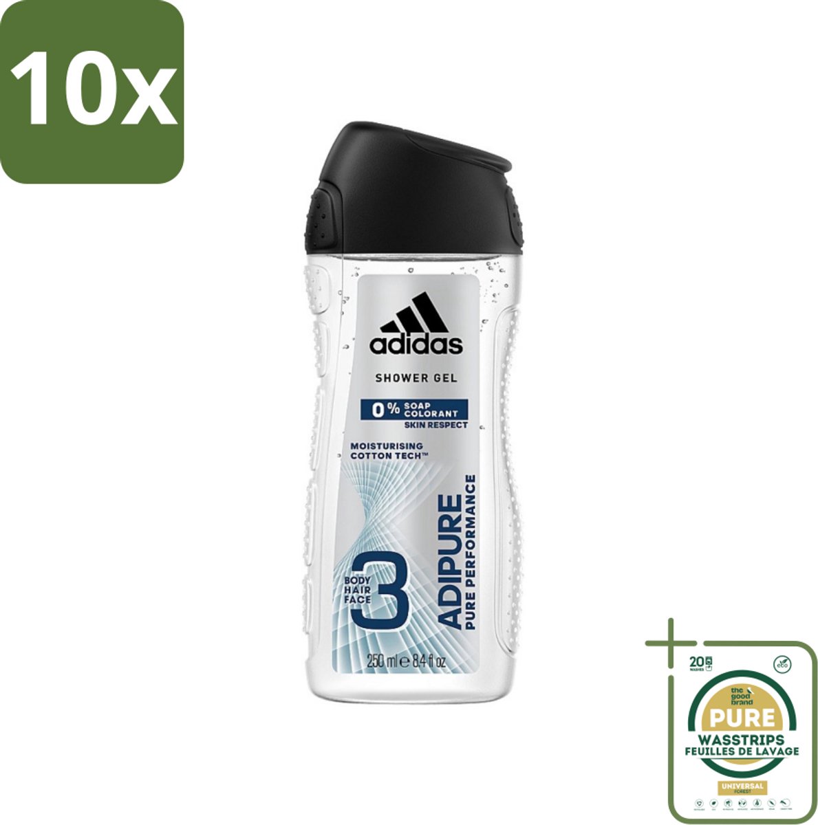 10 x Adidas - 3-in-1 Douchegel - Adipure Pure Performance - Huidvriendelijk - 0% Zeep Kleurstof - 250 ml - Grootverpakking - Adidas Adipure Douche & Shampoo - 0% Zeep - Huidvriendelijk - Lichaam En Haar Verzorging - Dermatologisch Getest