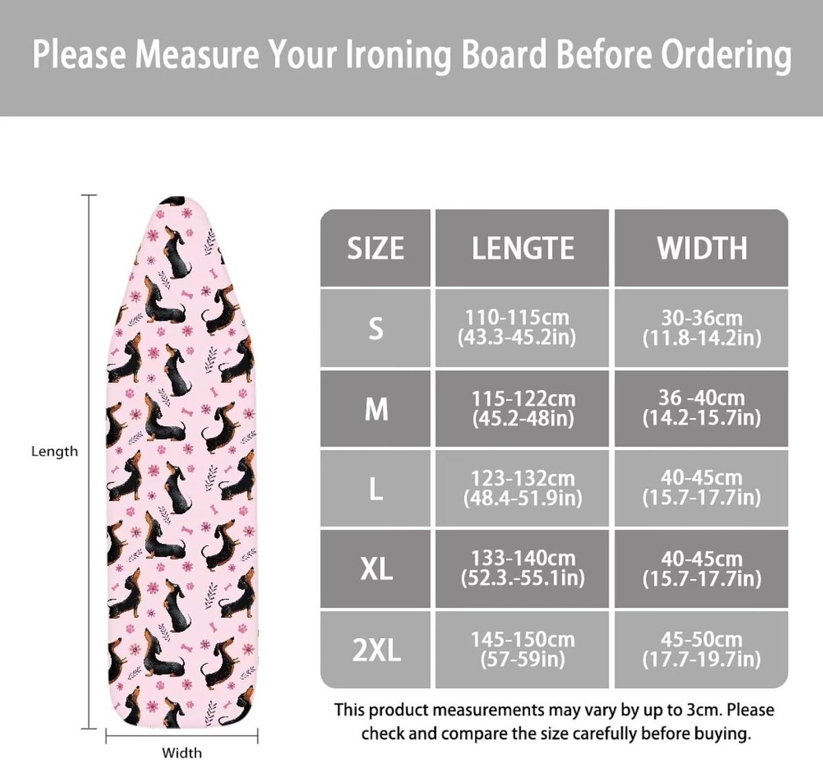 Dachshund hondenbot bloemen roze patroon strijkplankhoes voor thuisgebruik, hittebestendig en met klittenbandsluiting, maat M