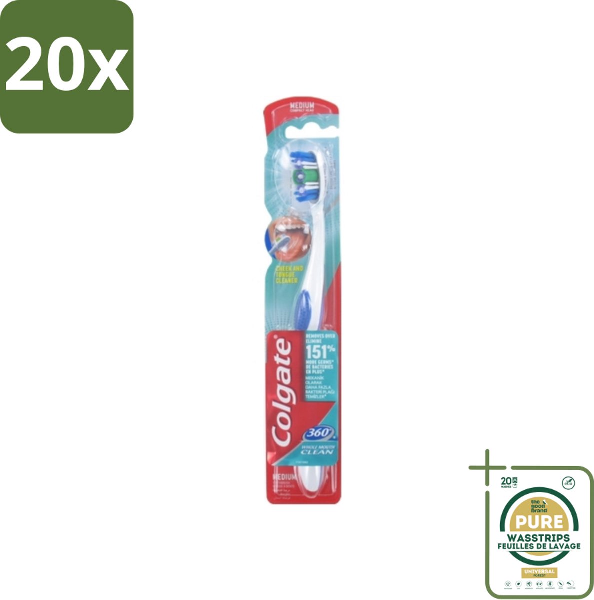 20 x Colgate - Tandenborstel - 360 Whole Mouth Clean Medium - Wit/Blauw - 1 Tandenborstel - Grootverpakking - Tandenborstel - Mondhygiëne - Tandenpoetsen - Bacteriën - Tandplak