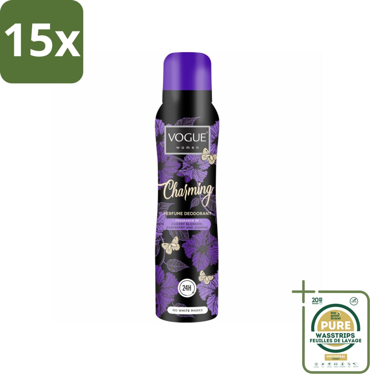 15 x Vogue Charming Parfum Deodorant 150 ml - Grootverpakking - Parfum Deodorant - Geur - 24 Uur Bescherming - Zweet Bescherming - Japanse Kersenbloesem