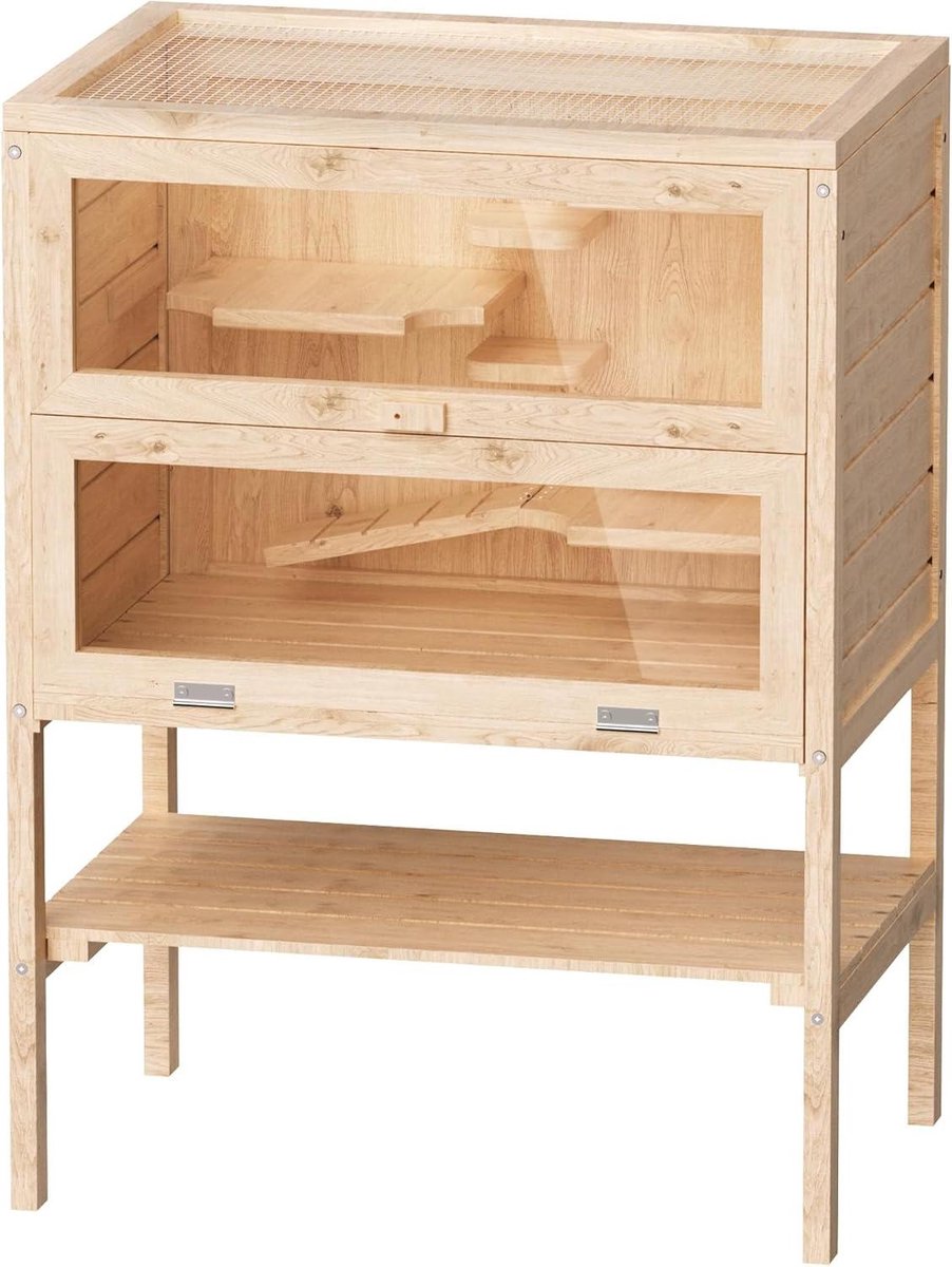 Houten Knaagdierstal - Dierenverblijf - Huisdier Huisvesting - Drie Verdiepingen - 60 x 40 x 80 cm - Houtkleur