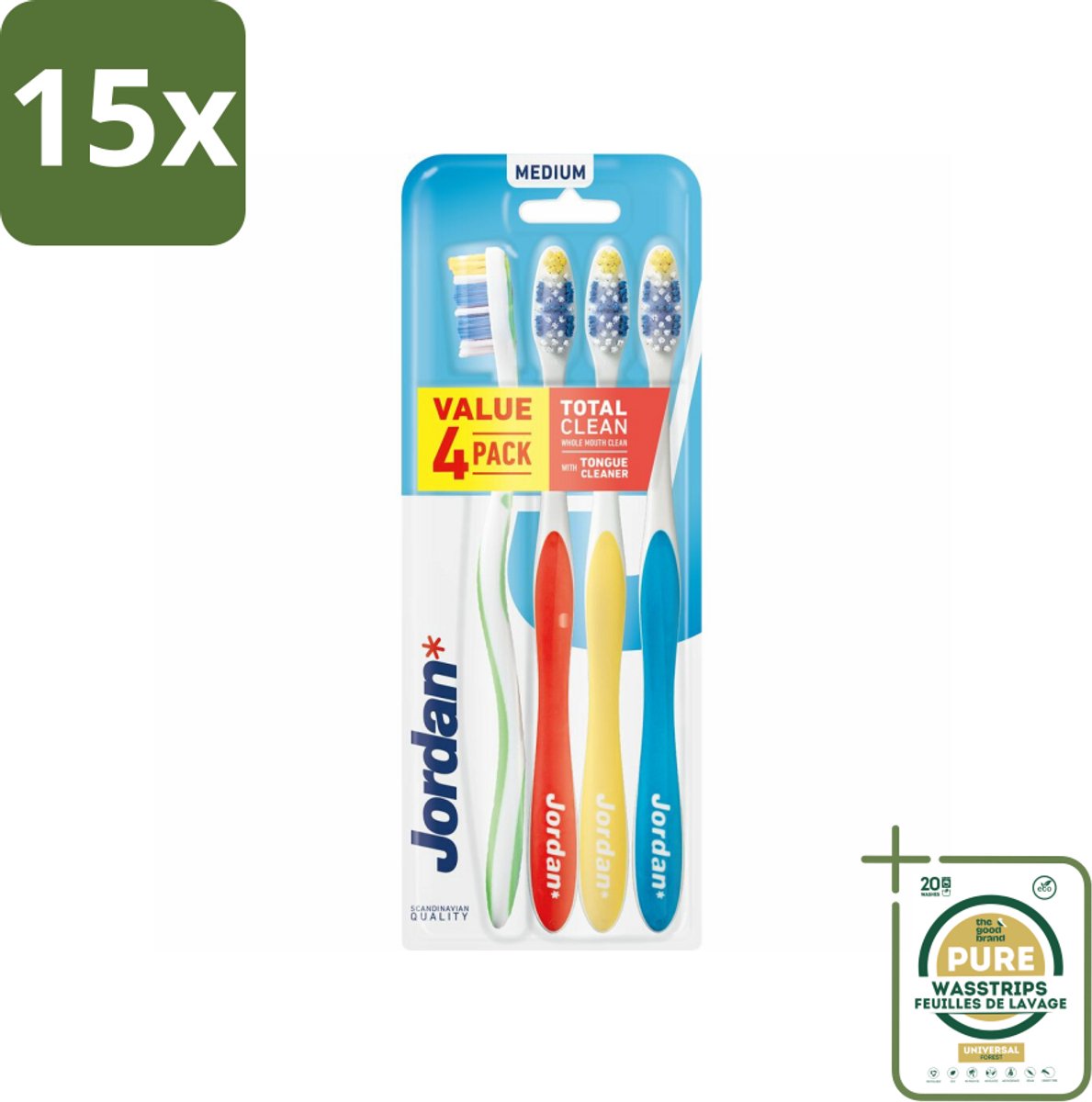 15 x Jordan Tandenborstel Total Clean Medium 4-pack 4 stuks per verpakking - Grootverpakking - Tandenborstel - Mondverzorging - Tandenborstel Set - Tandenborstel Medium - Tandenborstel Voor Gezin