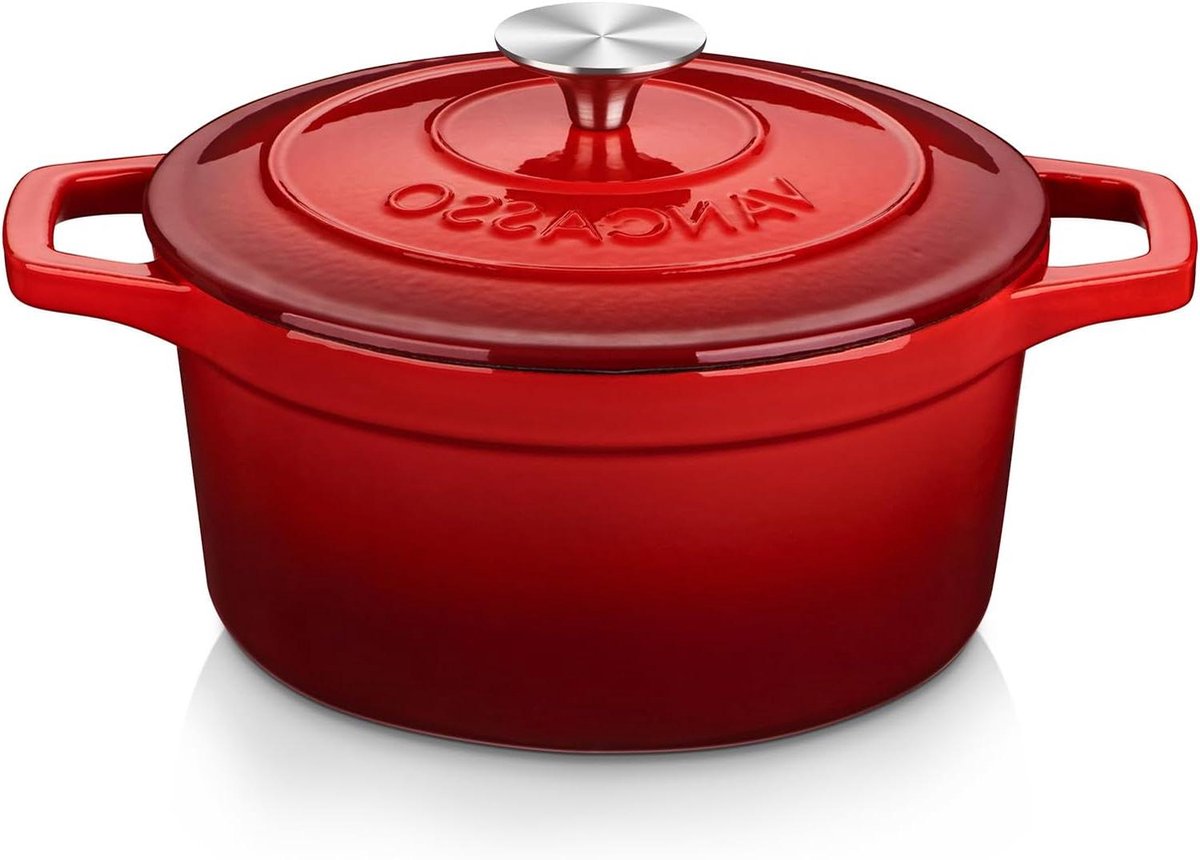 Gietijzeren Pan - Stoofpan met deksel - Langzaam Garen - Waterdampcirculatie - 3 Liter - Rood