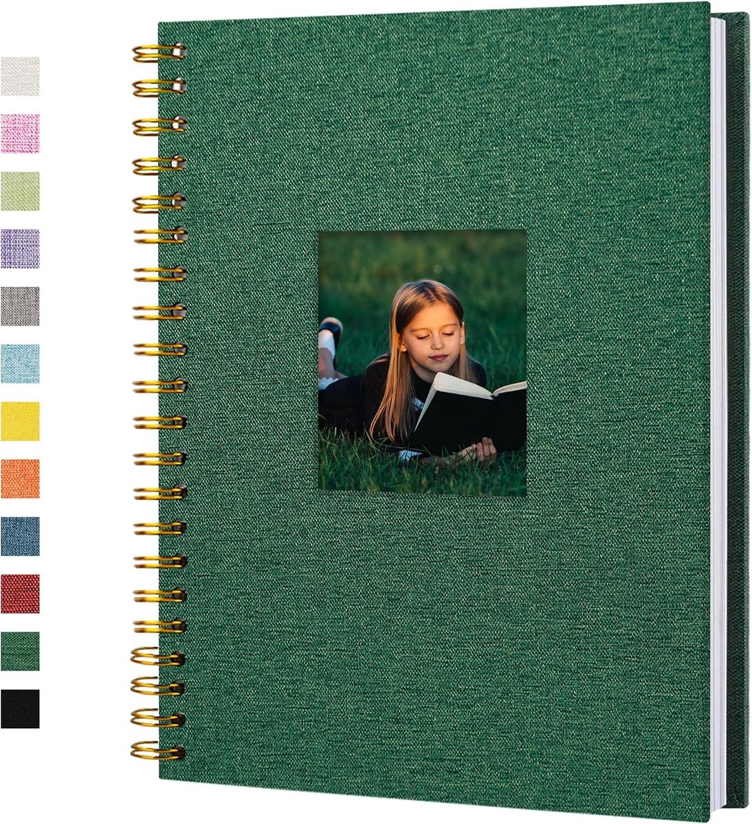 Linnen Scrapbook Fotoalbum met DIY Raam 11x20cm, 20 Vel/40 Pagina's, Donkergroen Herinneringen Vastleggen