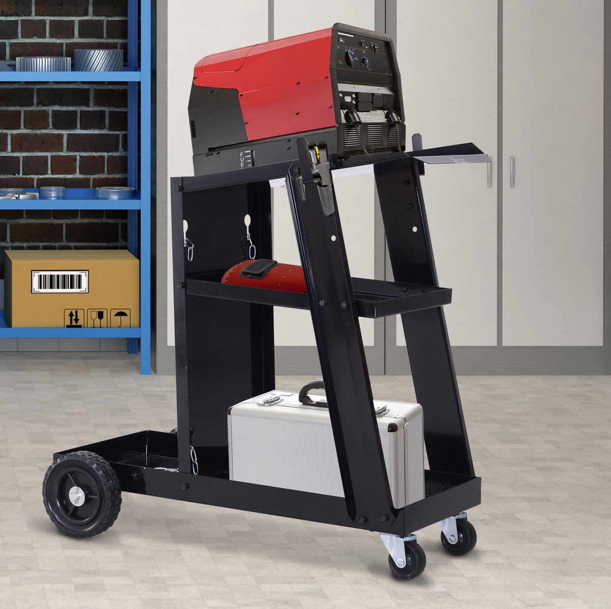 REDOM - Schweißwagen - 3 etages met schuine bovenplank - Veiligheidsketting voor gasflessen - Werkplaats - Staal - Zwart - 71 x 39 x 70 cm