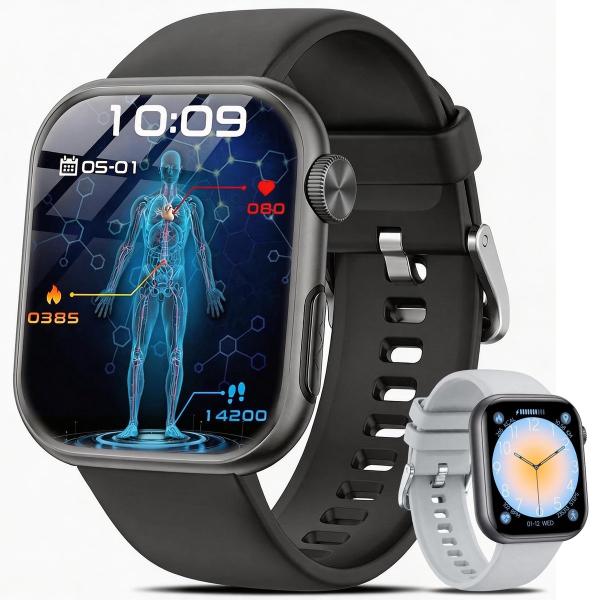 FOSMET Smartwatch Heren & Dames - 1,97" Zacht Gebogen AMOLED Display - Fitness Horloge - EKG+PPG - Bloeddruk - SpO2 - Hartslagmeter - Slaapmonitor - Stappenteller - Sat eratiemeter - IOS/Android/ - RVS Bezel - Incl. 2 Bandjes - Cadeau voor Hem & Haar