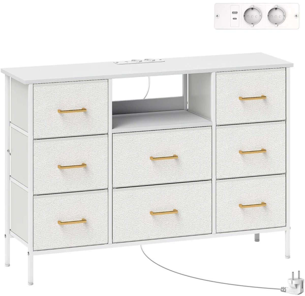 Dressoir - Stoffen Opbergkast Met 8 Lades - Stekkerdoos - Stalen Frame - Voor Hal, Slaapkamer, Woonkamer En Kantoor - Crèmewit