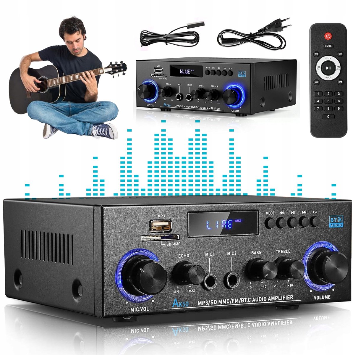 Bluetooth Versterker - HiFi Stereo Versterker - Mini Audioversterker - 2.0 Kanaals - 50W+50W - USB/SD - FM Radio - Microfooningang - Afstandsbediening - Bas & Treble Instelbaar - Voor Karaoke & Home Cinema