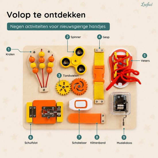 Leefico Houten Busy Board Oranje - Montessori Activiteitenbord Sensorisch Educatief Speelgoed - Baby Peuter Activiteitenboek Reisspeelgoed - Speelgoed 1 jaar - Speelgoed 2 Jaar van Leefico — afbeelding 2
