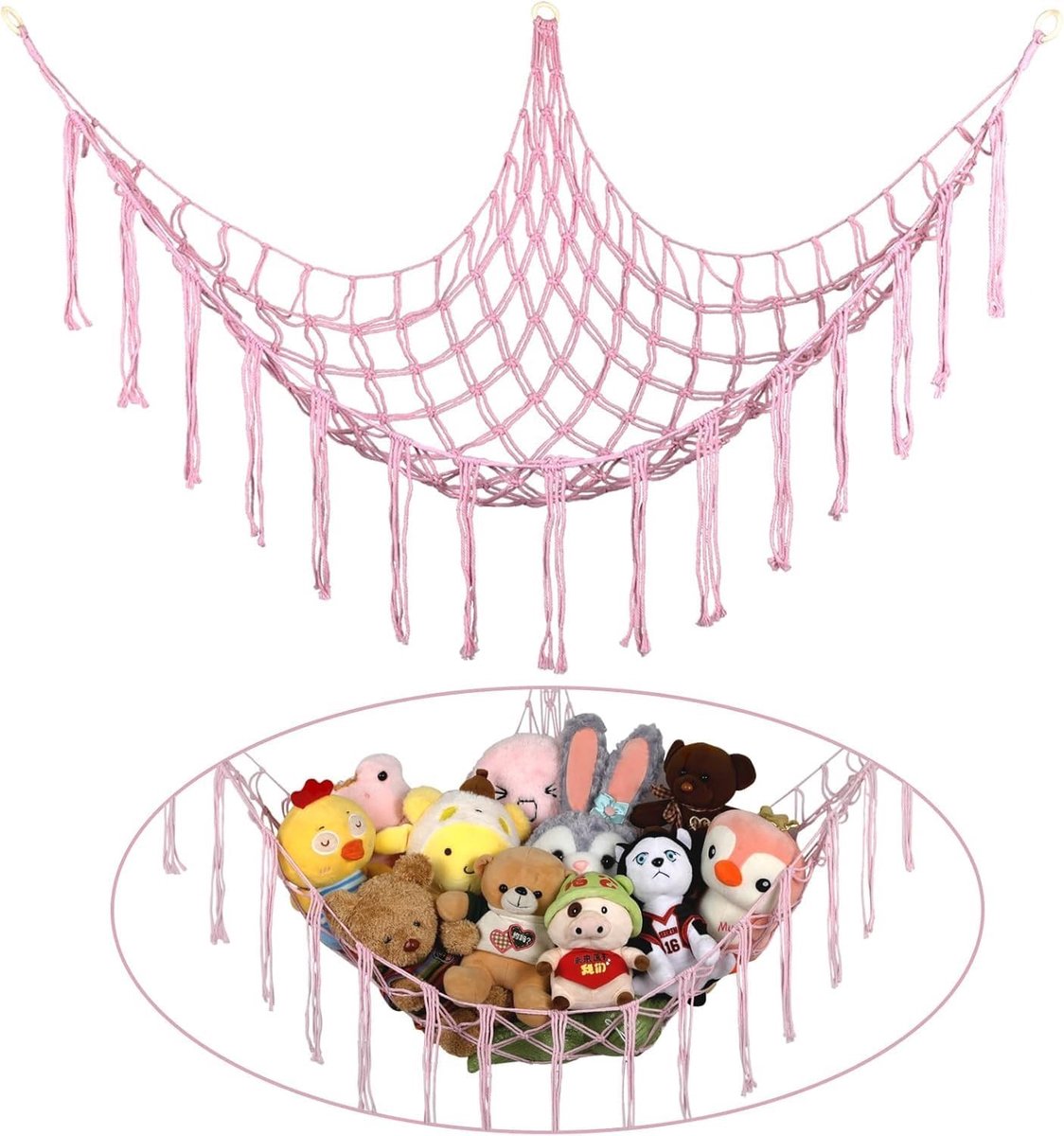 Cuddly Bed Storage Net voor Kinderen, Hangende Speelgoedorganiser, Macrame Hammock voor Knuffeldieren en Teddy's (Roze)