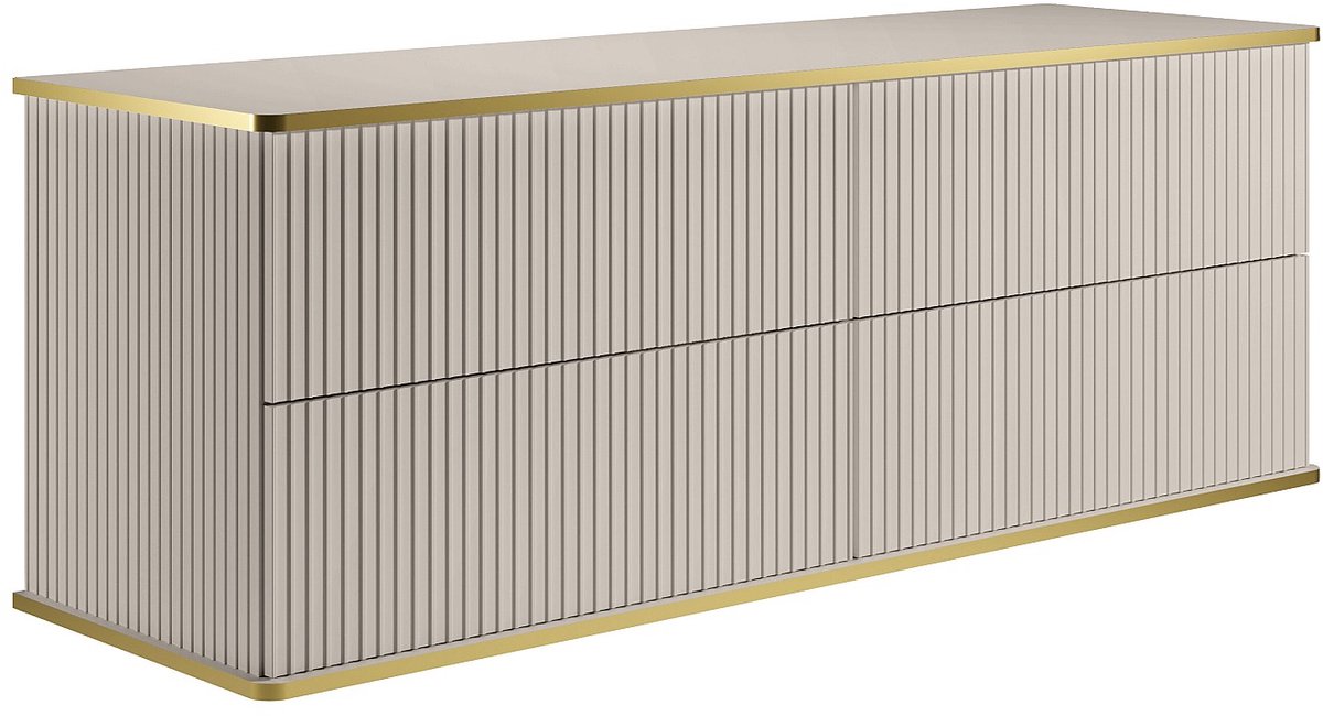 Vente-unique Zwevend gestreept wastafelmeubel met gouden bieslijn en 4 lades - Beige - 150 cm KELIZA