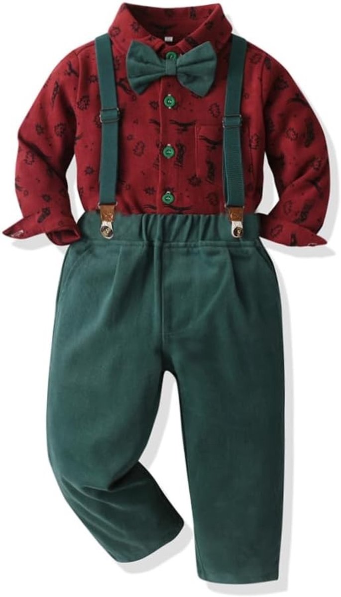 Kerstoutfit voor Baby Jongens met Strikje, Overgooier en Shirt - 4-delige Set voor Peuters 12-18 Maanden