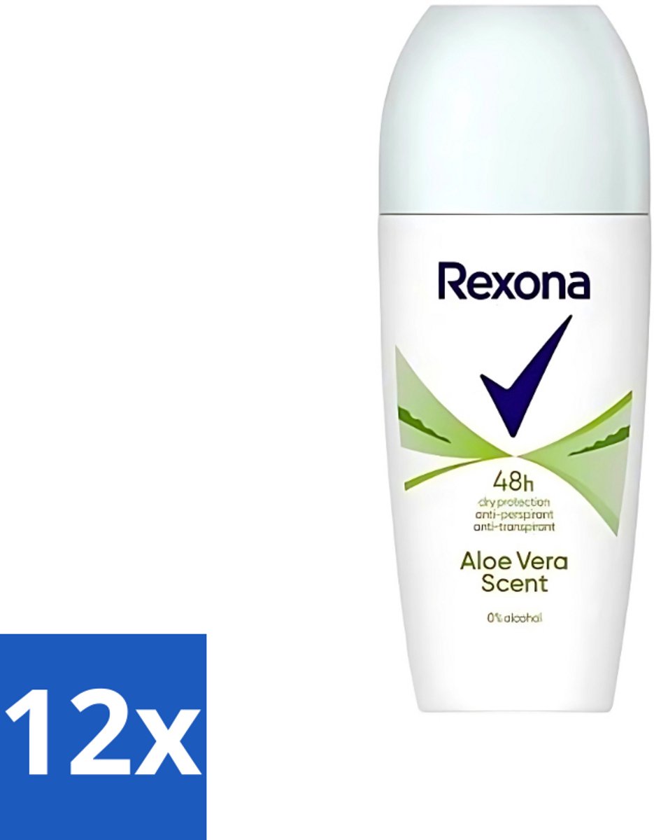 12 x Rexona - Deodorant Roller - Aloe Vera - 0% Alcohol - Anti-Transpirant & Perspirant - 50ml - Rexona Deodorant - Anti-transpirant - Aloe Vera - Deodorant Roller - 50 Ml