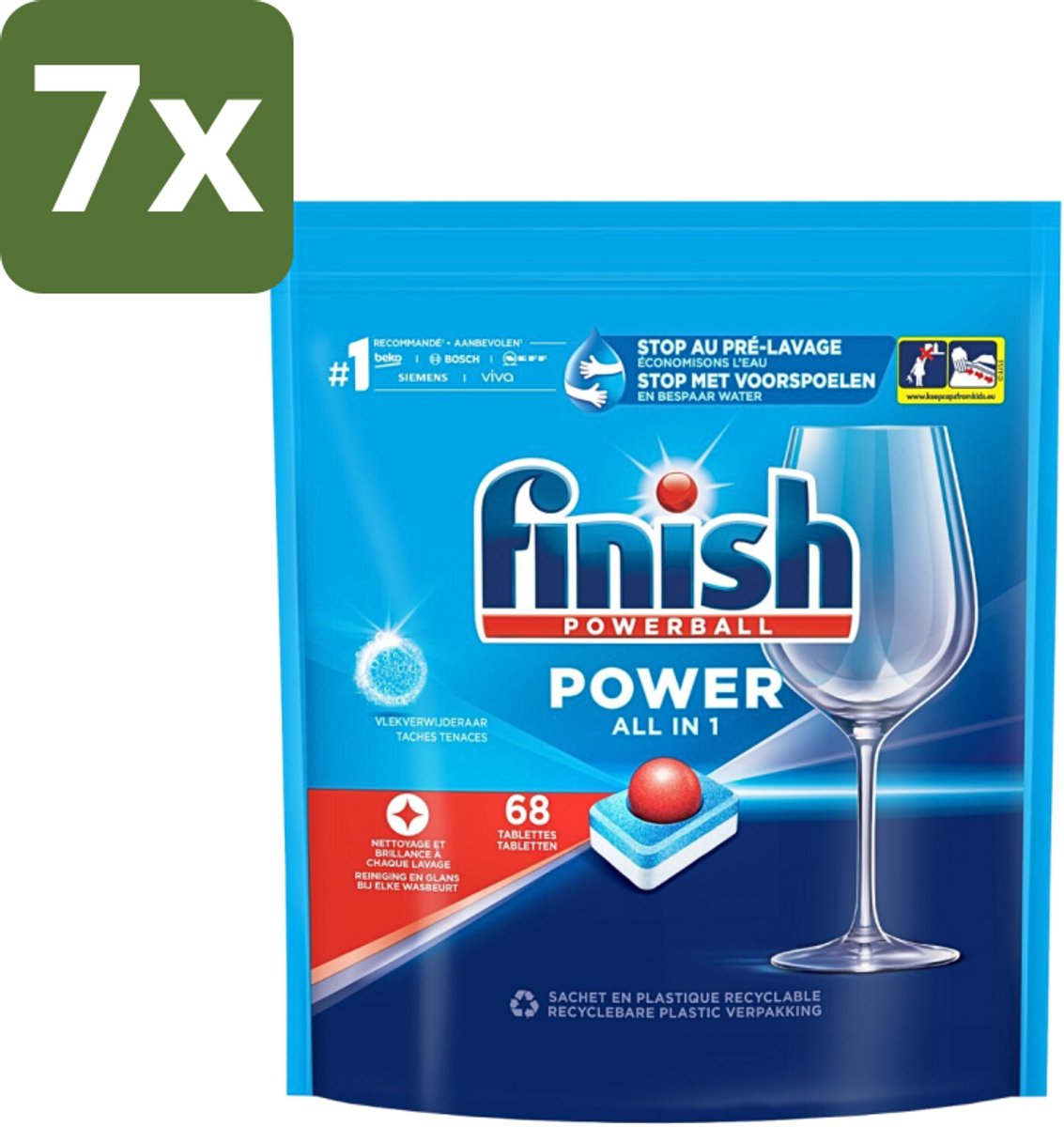 7 x Finish Powerball - Power All in 1 - Vaatwastabletten - Reiniging & Glans - 68 Tabletten - Vaatwastabletten - Vaat Reinigen - Vlekverwijderaar - Vaatwasmiddel - Krachtige Vaatwasmiddel