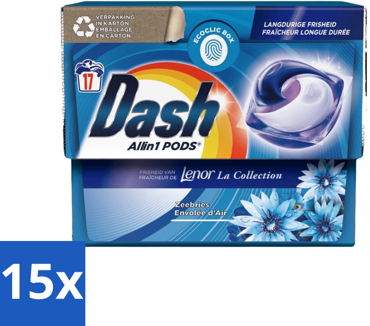 15 x Dash - Lenor Collectie - Wasmiddel Capsules - All-in-1 Pods - Witte en Gekleurde Was - Zeebries - 17 Wasbeurten - Wasmiddel Capsules - Zeebries Geur - Wasmachine Pod - Frisheid Was - Witte Was