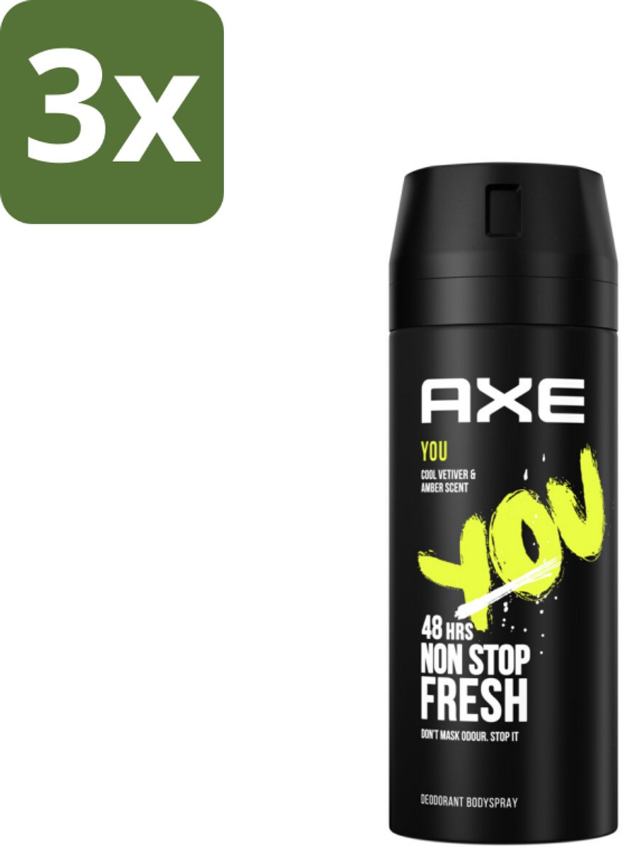 3 x Axe - Deodorant Bodyspray - 48hrs Fresh - You - Cool Vetiver & Amber - 150 ml - 48 Uur Bescherming - Deodorant Sprayer - Geur Van Amber - Geur Van Vanille - Geur Van Zwarte Peper