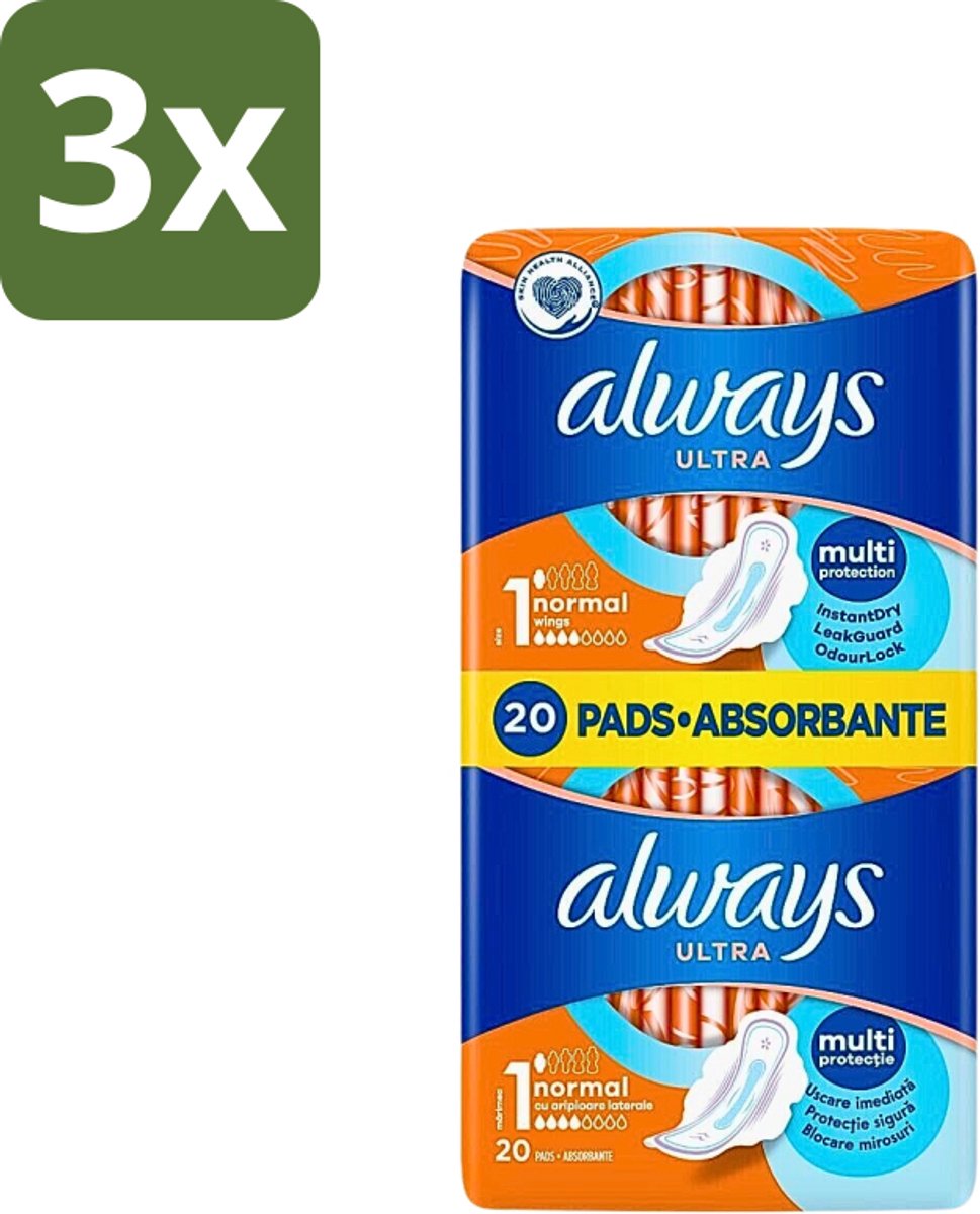3 x Always Ultra - Maandverband - Met Vleugels - Duo Verpakking - 20 Maandverbandjes - Maandverband - Menstruatie - Bescherming - Vleugels - Superabsorberende Gel