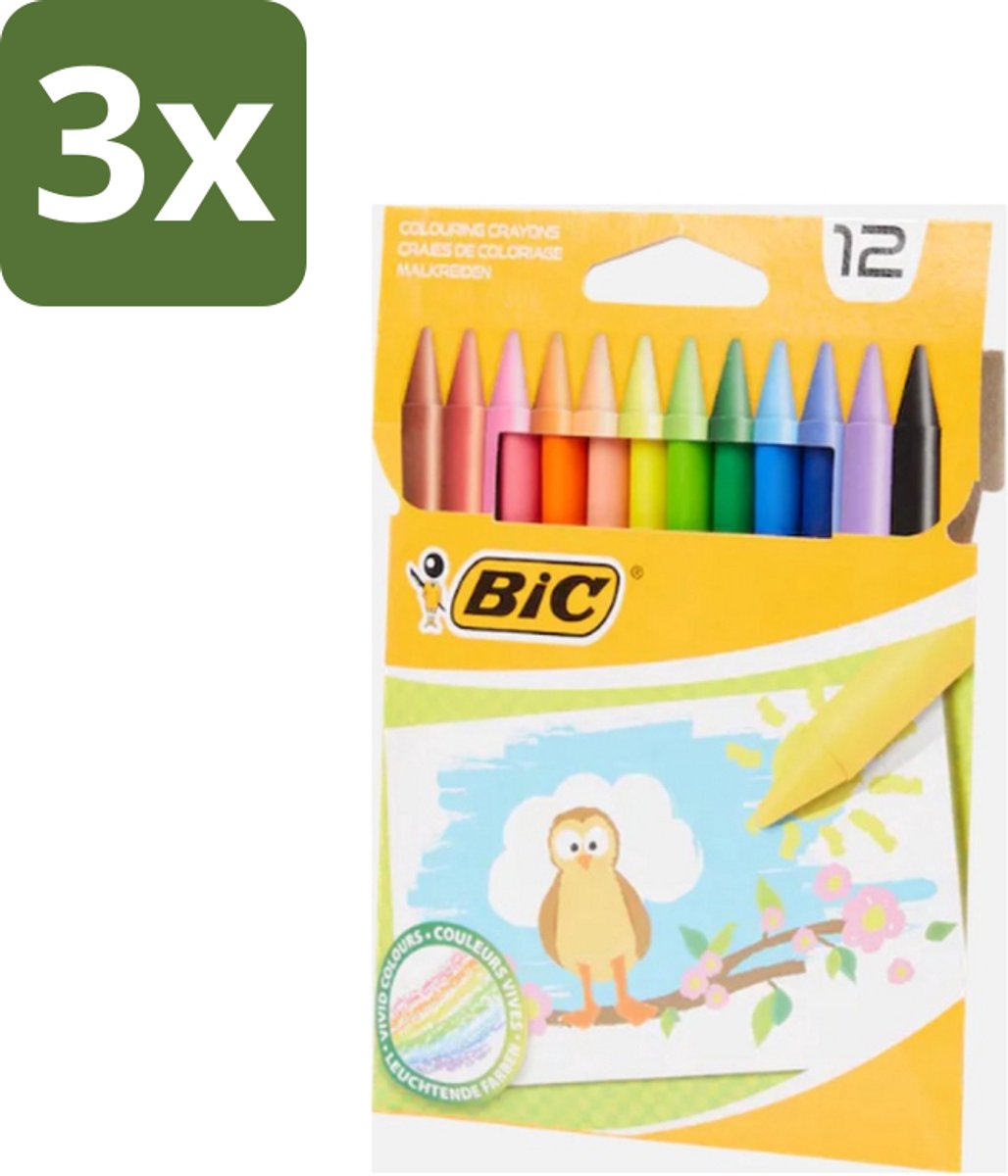 3 x BIC - Waskrijt - Diverse Kleuren - 12 Krijtjes - Waskrijt - Kleurkrijt - Creatief Schrijven - Tekenen - Kleurrijke Krijtjes