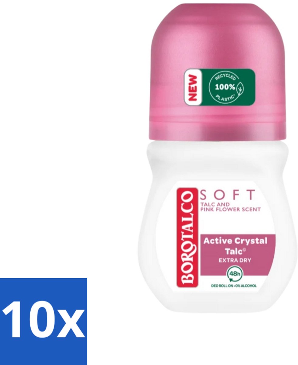 10 x Borotalco - Deodorant Roller - Soft - Talc & Pink Flower - 0% Alcohol - 50 ml - Deodorant Roller - Talc - Droge Huid - Zweetgeur - Bloemige Geur