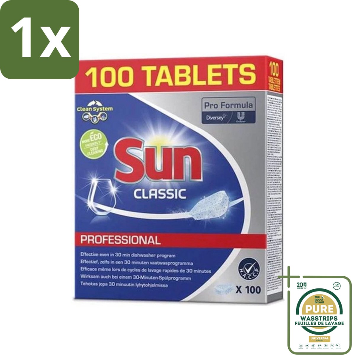 1 x Sun Classic - Pro Formula - Vaatwastabletten - 100 Tabletten- Vaatwastabletten - Vaatwasser - Reiniging - Vlekken Verwijderen - Kalkaanslag
