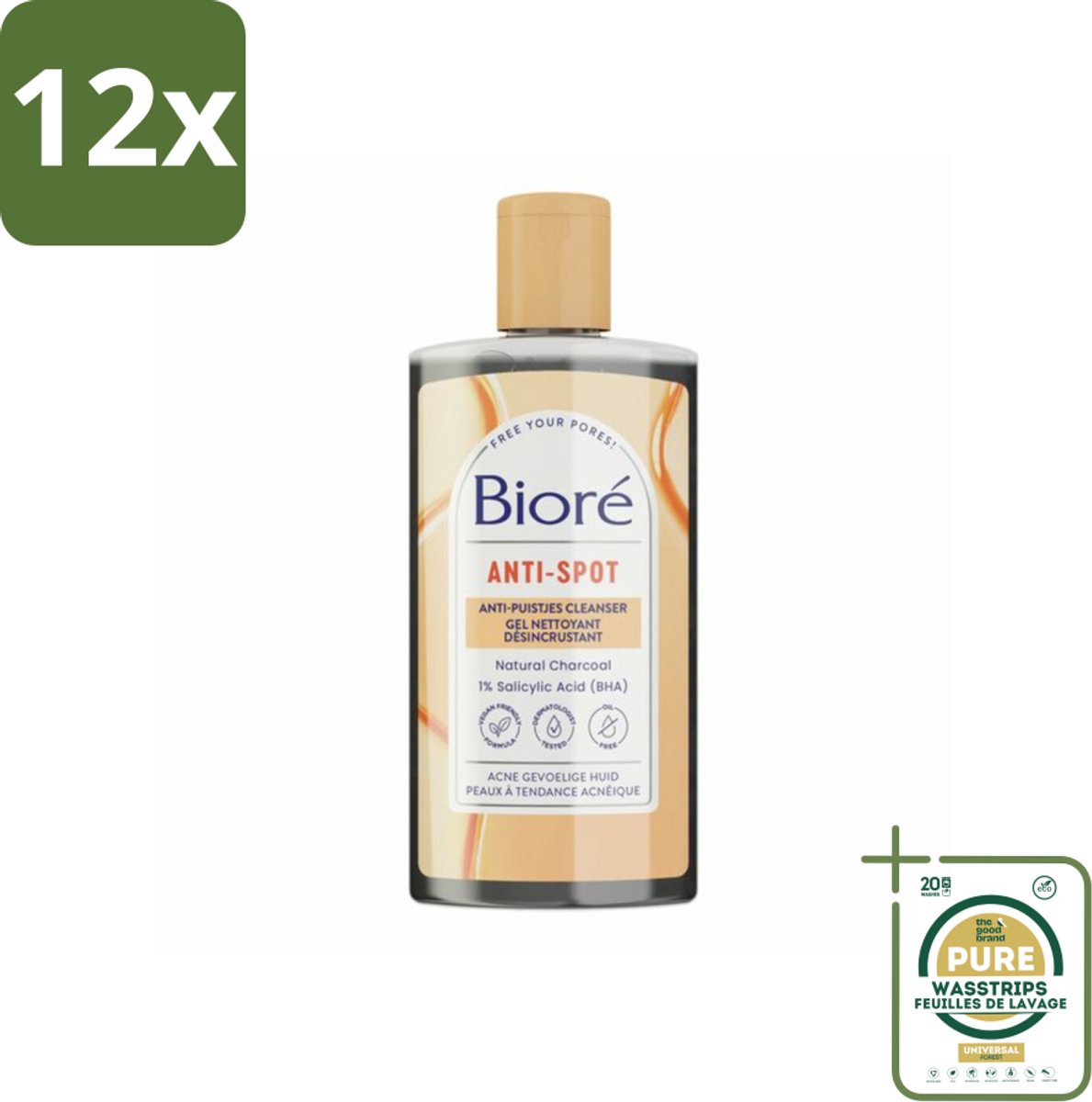 Bioré – Houtskool Anti-Puistjes Reinigingsgel – Gezichtsreiniger – 200 ml - Voordeelverpakking - 12 stuks - Gezicht reinigen - Salicylzuur