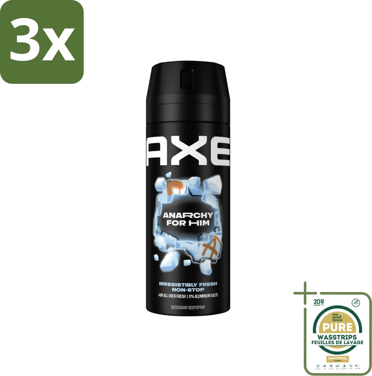 3 x Axe Deodorant Bodyspray Anarchy for Him 150 ml - Grootverpakking - 48 Uur Frisheid - Deodorant Bodyspray - Geur Van Granaatappel - Geur Van Sandelhout - Zinktechnologie