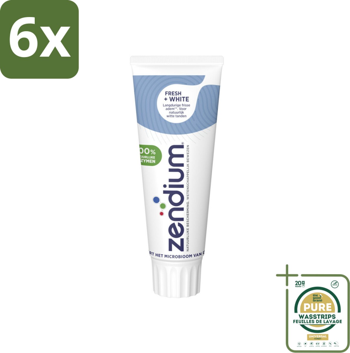 Zendium - Tandpasta - Fresh+ White - 75 ml - Voordeelverpakking - 6 stuks - Witte tanden - Enzymen
