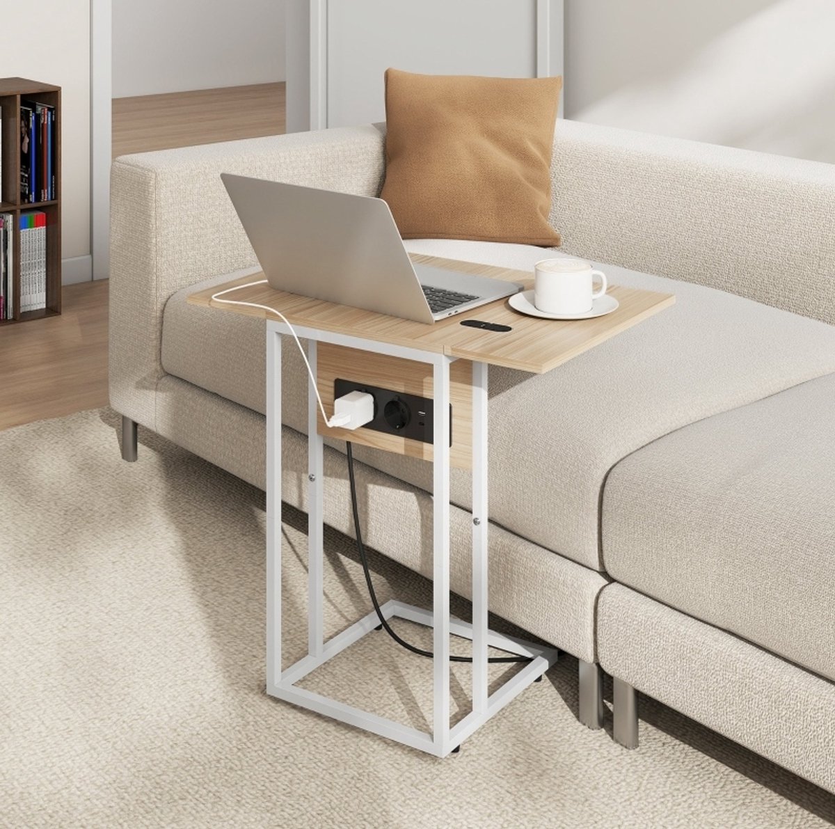 OKWISH Bijzettafel Opklapbaar En Uitschuifbaar Met Laadstation En USB Poorten Voor Bank En Bed Metaal Wit 39 X 29 X 57 Cm