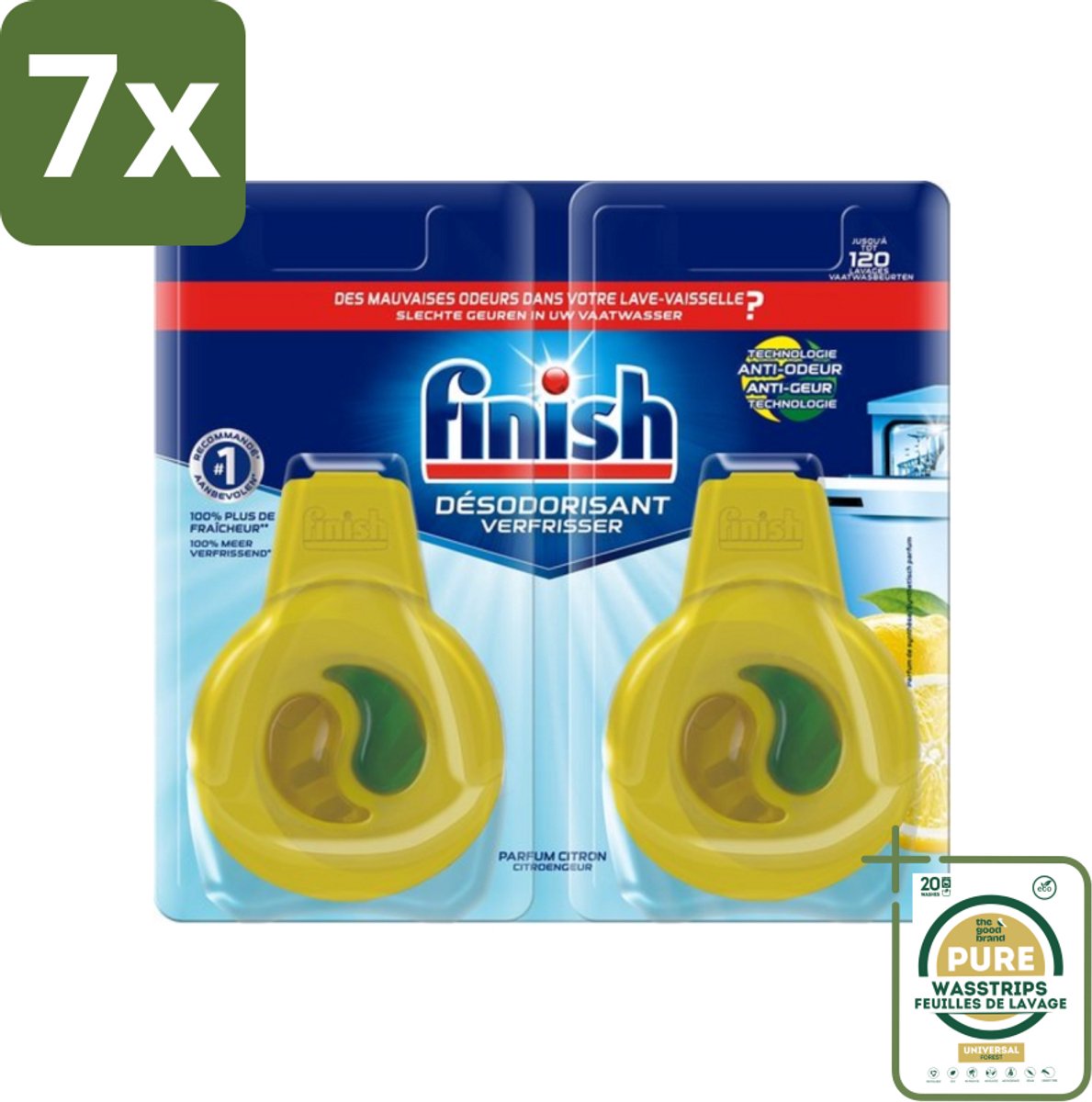 7 x Finish Deo Odorstop - Vaatwasverfrisser - Citroen Parfum - Anti-geur - Tot 120 Afwasbeurten - Grootverpakking - Vaatwasverfrisser - Geurbeheersing - Citroengeur - Anti-geur - Vaatwasser Geur