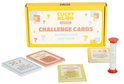 Gele doos met "Clicky Blox Numbers Challenge Cards Beginner Pack Plus Pack" en vier speelkaarten met cijfers en een zandloper.