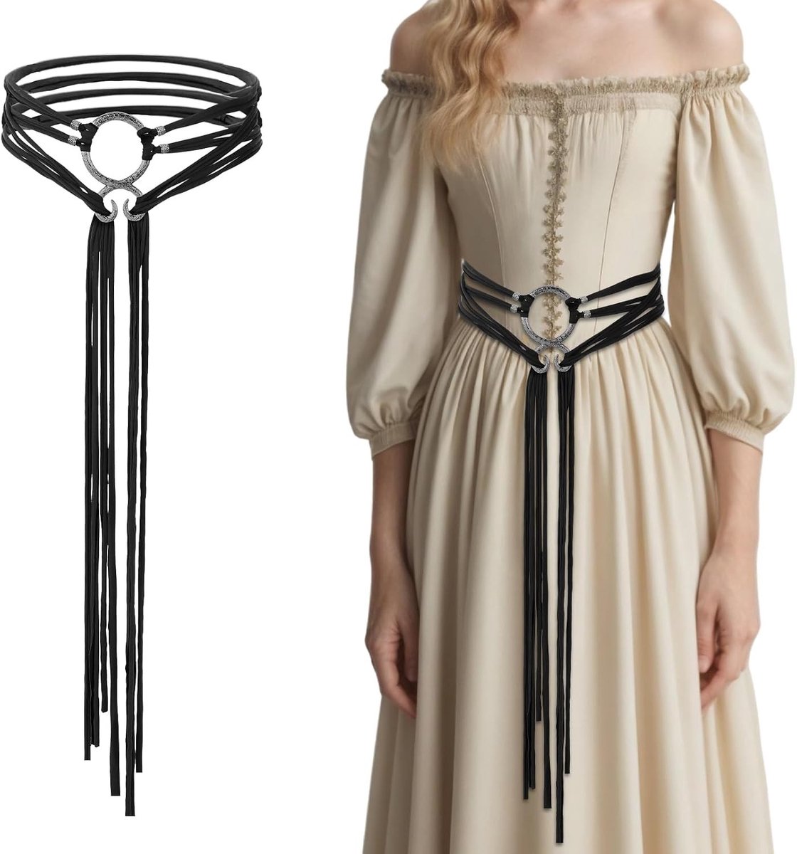 Medieval Viking Troll Cross Belt voor Dames, Lange Touwriem voor Ren Faire en Heksenaccessoires, Zwart, Maat L