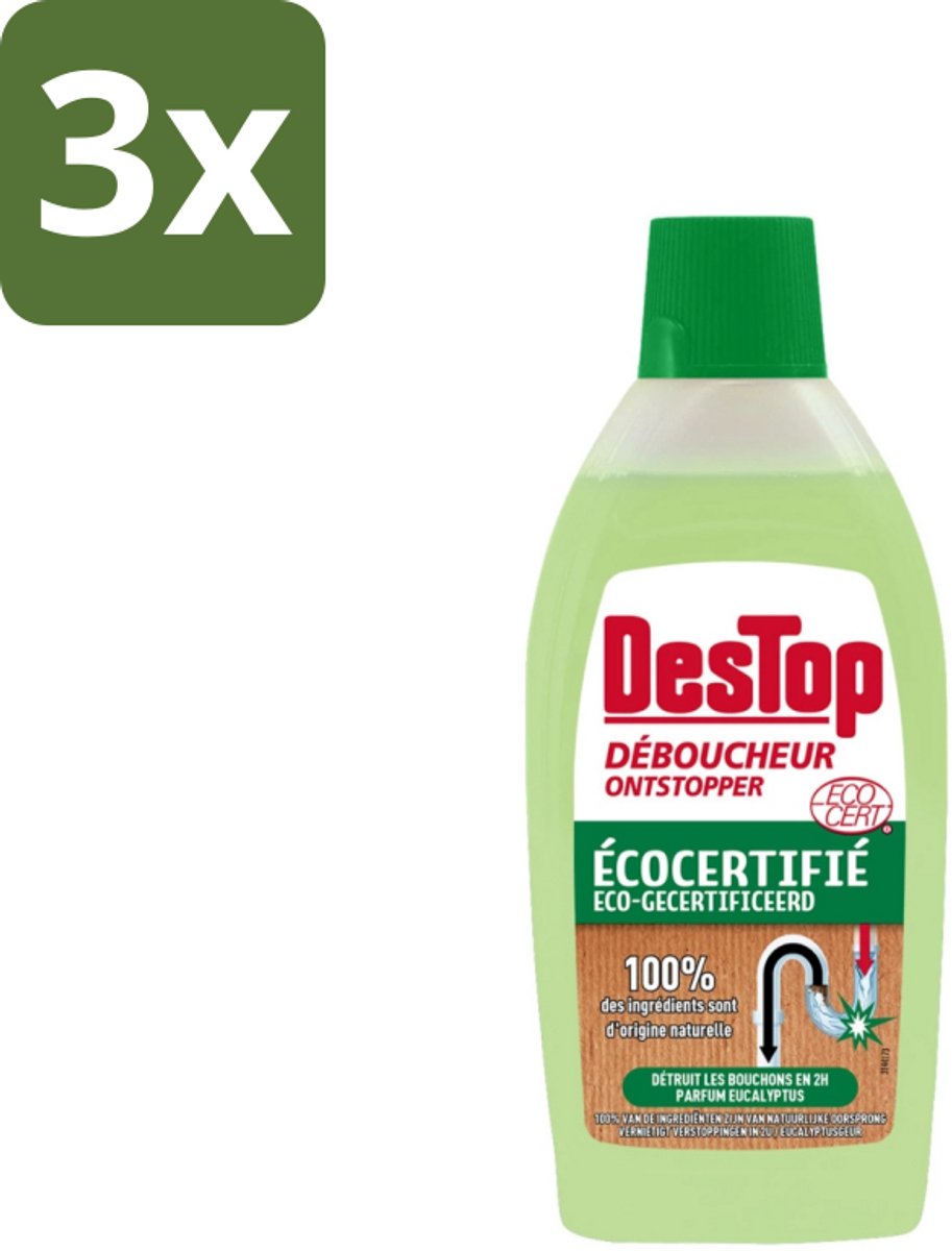 3 x DesTop - Onderhoud & Ontstop Leidingen - Biologische Ontstopper - Natuurlijke Ingrediënten - Eucalyptusgeur - 500 ml - Ontstopper - Verstopping - Natuurlijke Ontstopper - Eucalyptus - Ecologisch Onderhoud
