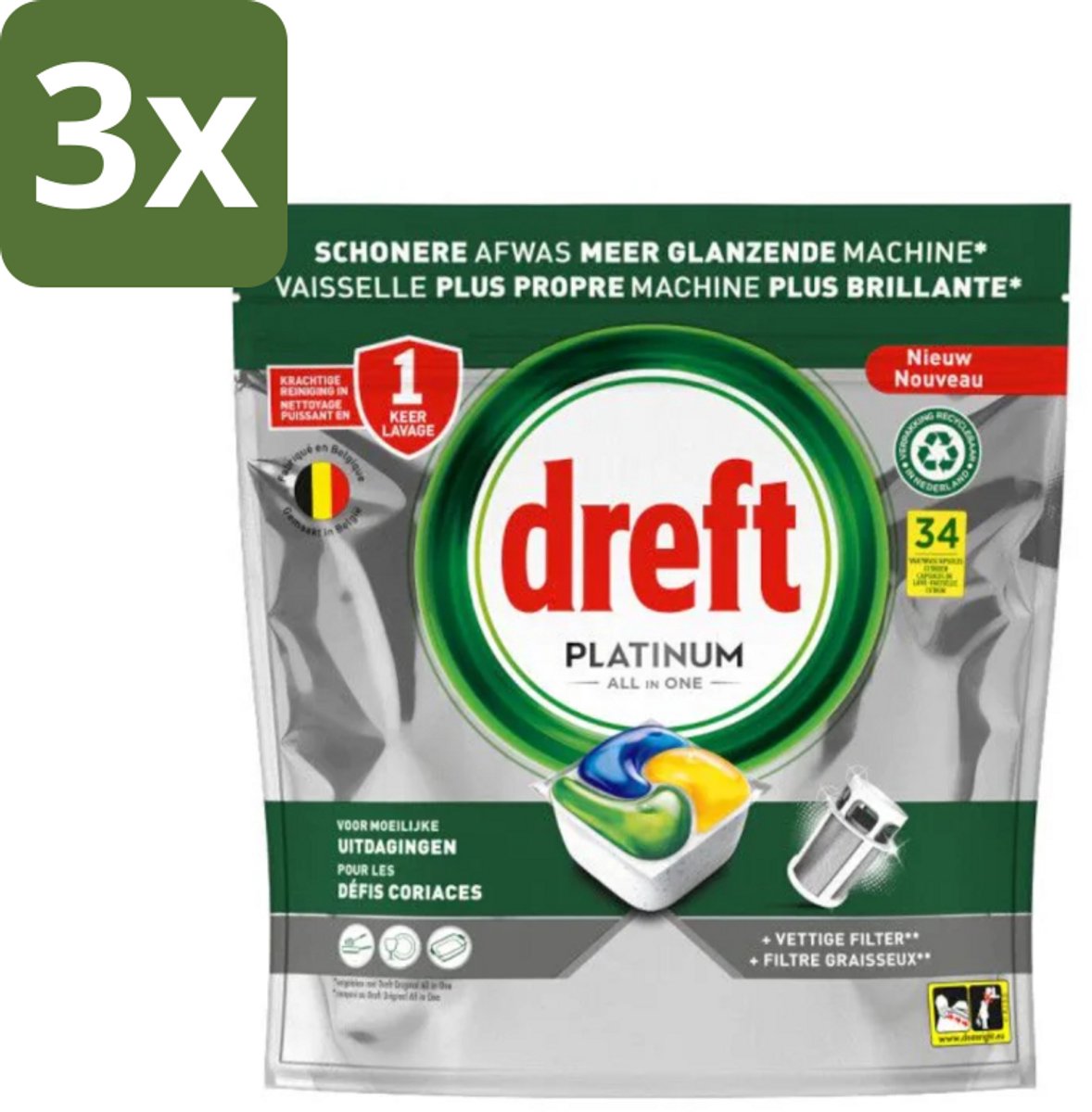 3 x Dreft Platinum - All In One - Vaatwascapsules - Citroen - 34 Afwasbeurten - Vaatwasmiddel - Vaatwascapsule - Citroengeur - Vaatwasser Reinigen - Vetfilter Reinigen