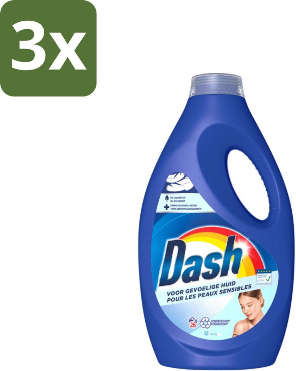 3 x Dash Sensitive - Vloeibaar Wasmiddel - Voor Gevoelige Huid - Witte en Gekleurde Was - 26 Wasbeurten - Gevoelige Huid - Wasmiddel - Zachte Was - Dermatologisch Getest - ECARF