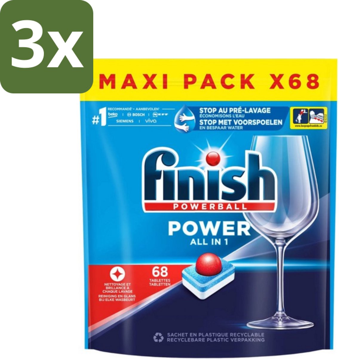 3 x Finish Powerball - Power All in 1 - Vaatwastabletten - Reiniging & Glans - 68 Tabletten - Vaatwastabletten - Vaatwasmiddel - Reiniging - Vaatwasser - Anti-kalk