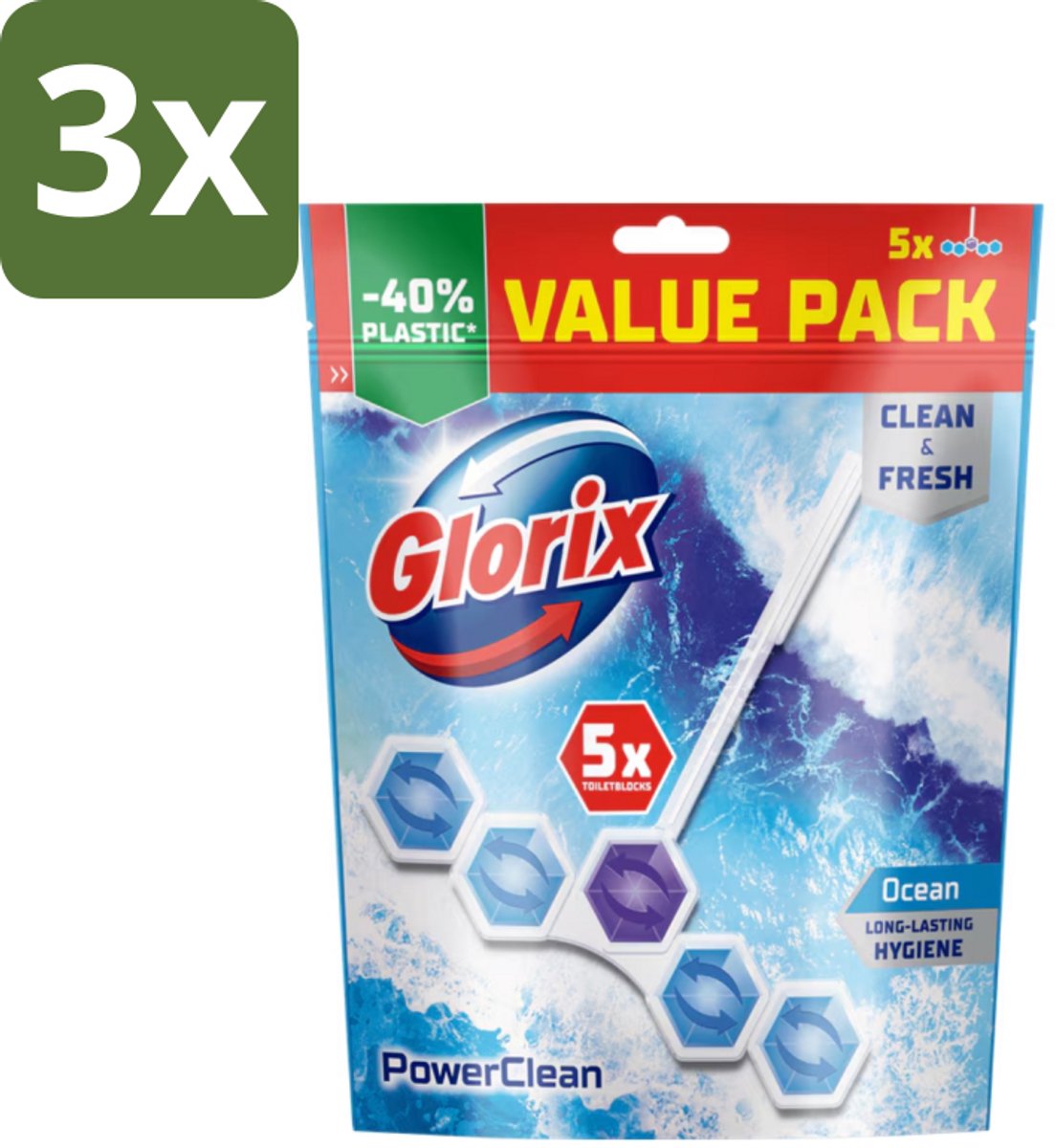 3 x Glorix - Power Clean - Toiletblok - Ocean - Hersluitbare Verpakking - 5 Blokken - Toiletblok - Hygiëne - Reinigen - Kalk - Schuim