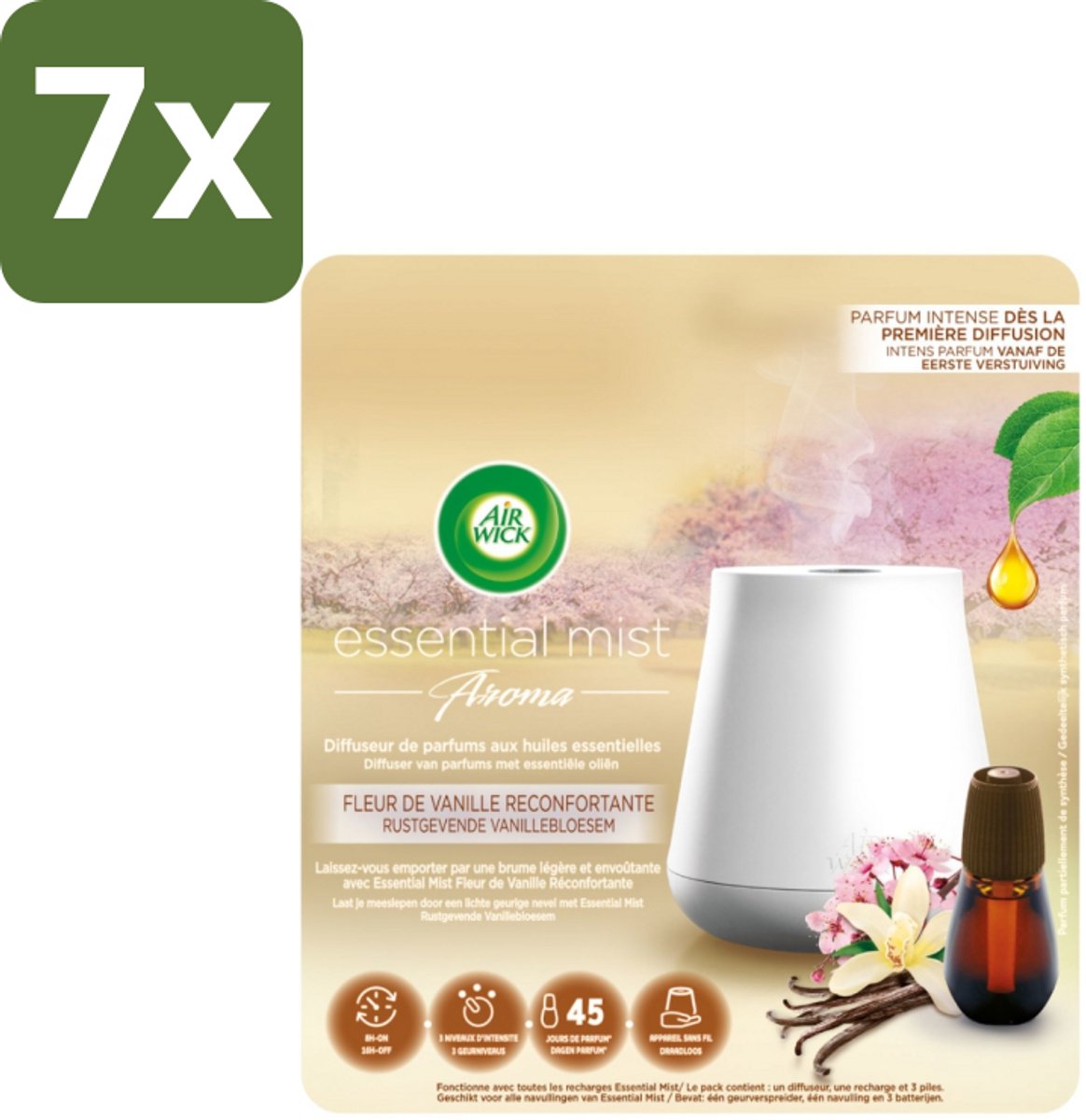 7 x Air Wick Essential Mist - Elektrische Geurverspreider - Starterkit - Rustgevende Vanillebloesem - 20ml - Geurverspreider - Vanillebloesem - Rustgevende Geur - Essentiële Oliën - Warme Geur