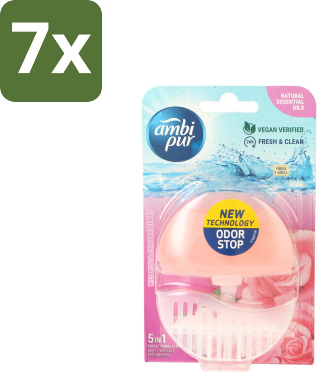 7 x Ambi Pur Toiletblok Starterkit 5in1 Wild Rose & Pink Grapefruit - Toilet - Toiletblok - Frisheid - Super Shine - Anti-kalk