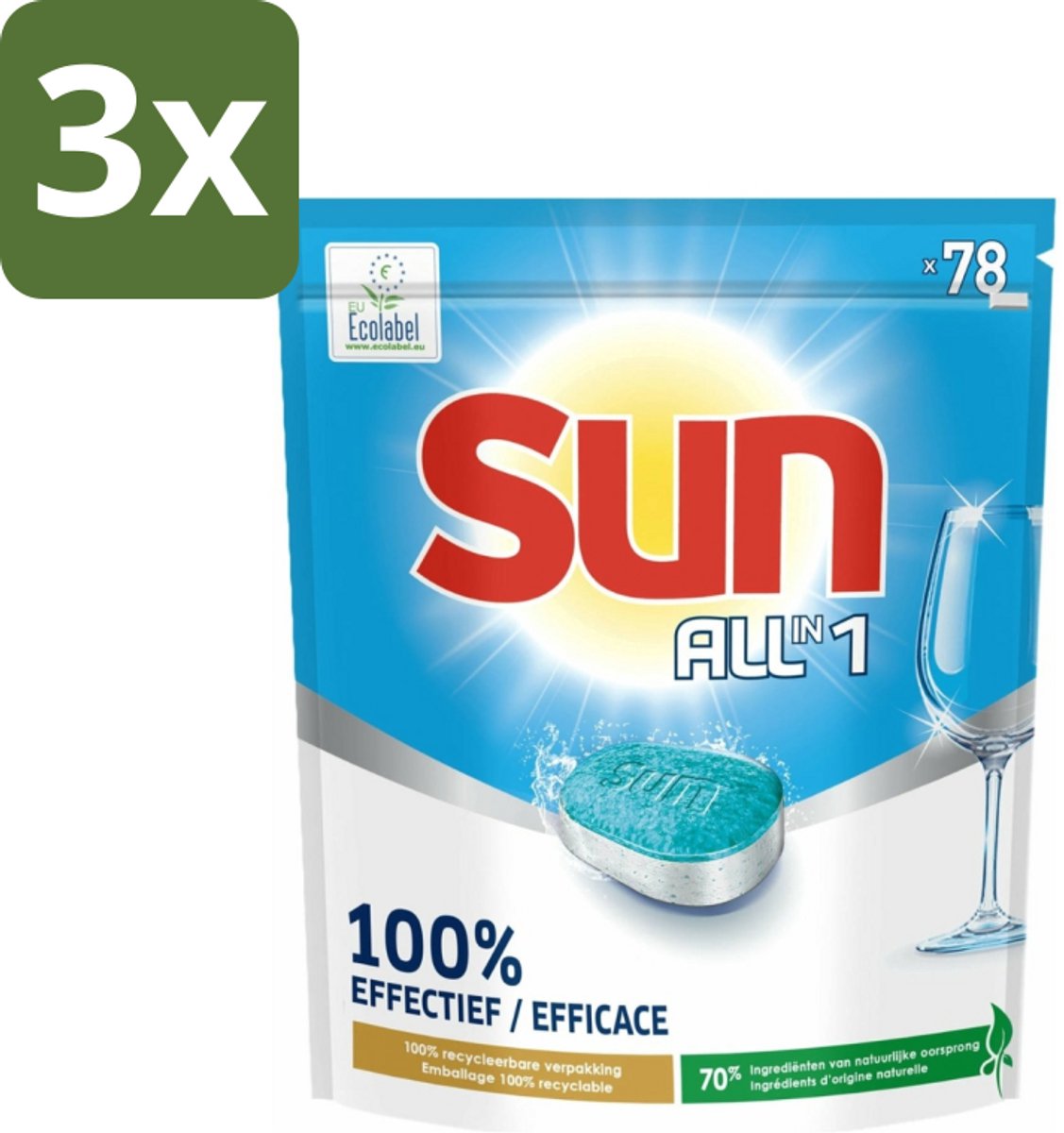 3 x Sun All-in-1 - Eco Label - Vaatwastabletten - 78 Tabletten - Vaatwastabletten - Milieuvriendelijke Vaatwas - Eco Label - Vet Verwijderen - Vlekken Verwijderen