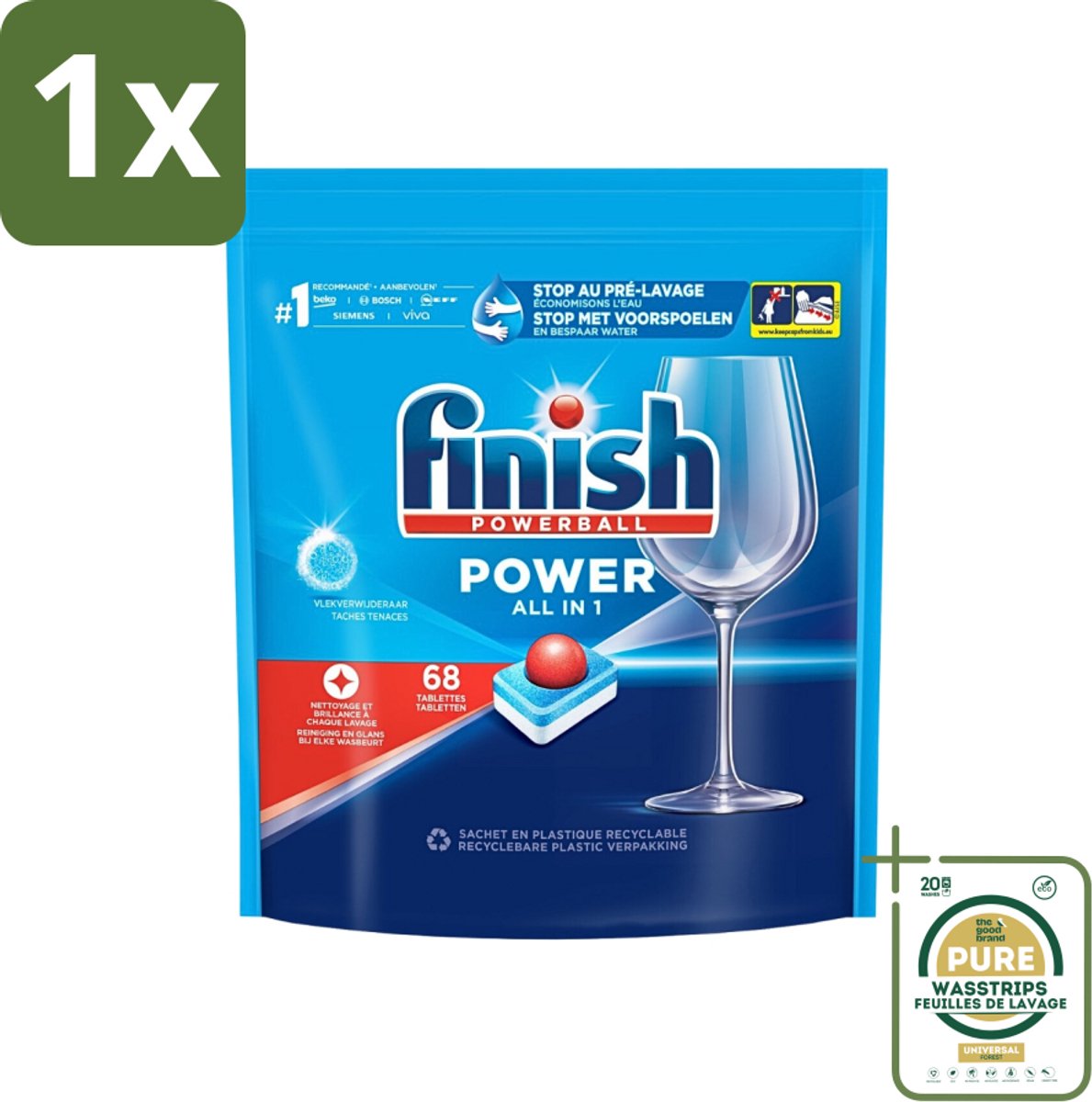 1 x Finish Powerball - Power All in 1 - Vaatwastabletten - Reiniging & Glans - 68 Tabletten- Vaatwastabletten - Vaat Reinigen - Vlekverwijderaar - Vaatwasmiddel - Krachtige Vaatwasmiddel